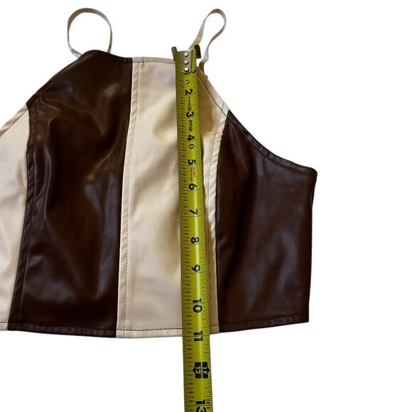 Shein Brown/Cream Color Blocked Faux Leather Crop Top Women's Size Small 10-16-2 - Picture 6 of 6